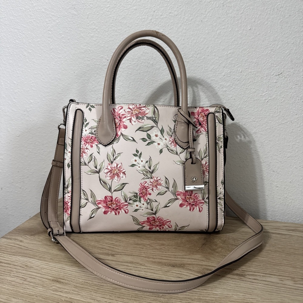 Nine West Aideen Begonia Floral Handbag Structured Faux Leather Satchel‎ DAMAGED